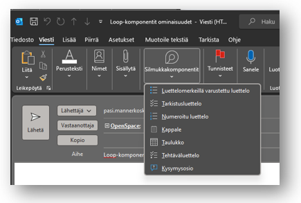 Microsoft Loop objekti Outlookissa